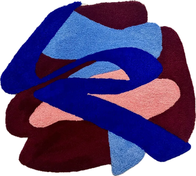 Getufteter Teppich von Joseph, freie Form in Blau, Rosa und Dunkelrot